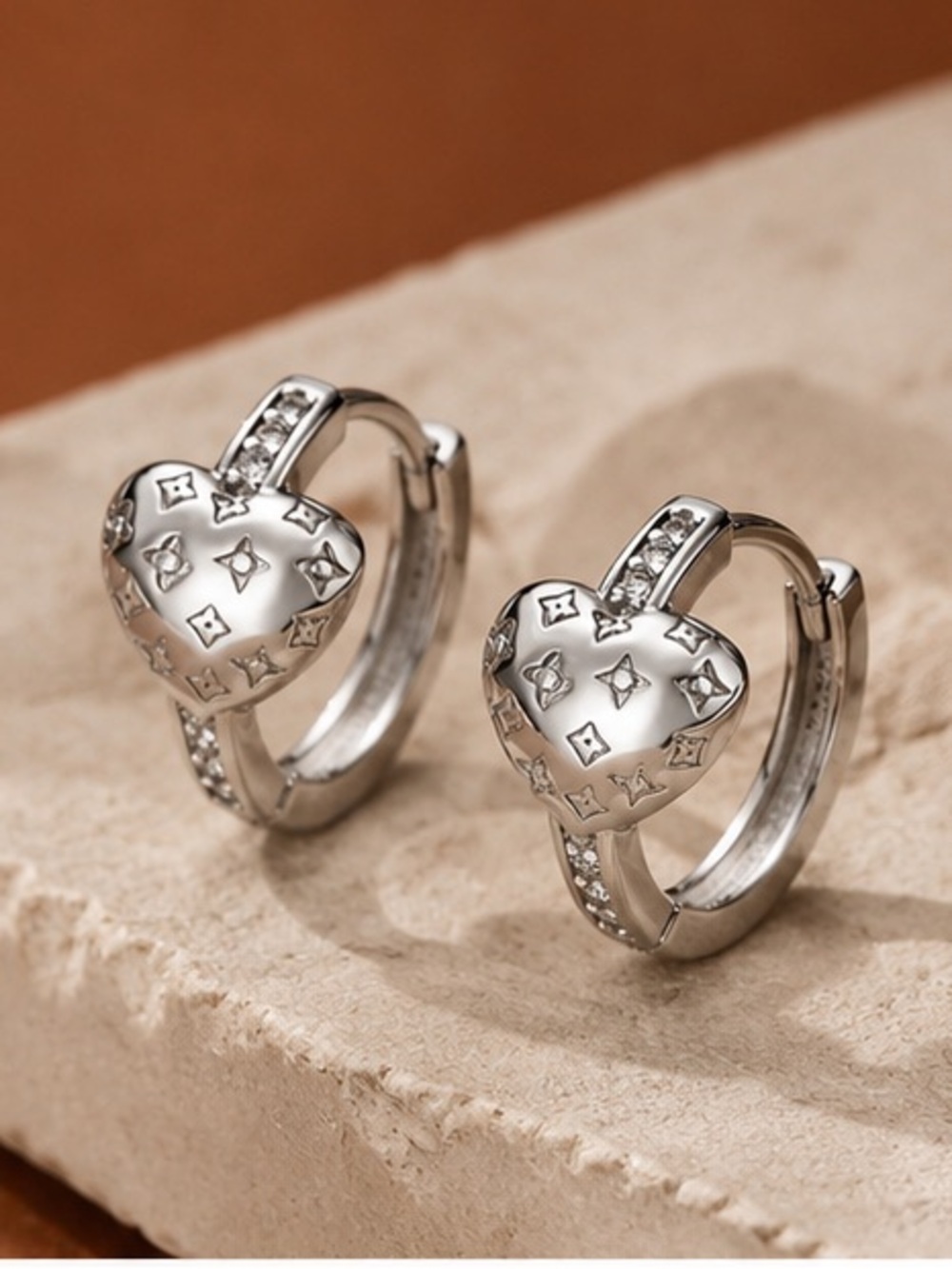 Designer Inspired Silver Heart Huggie Hoop Earrings Crystal Inlay